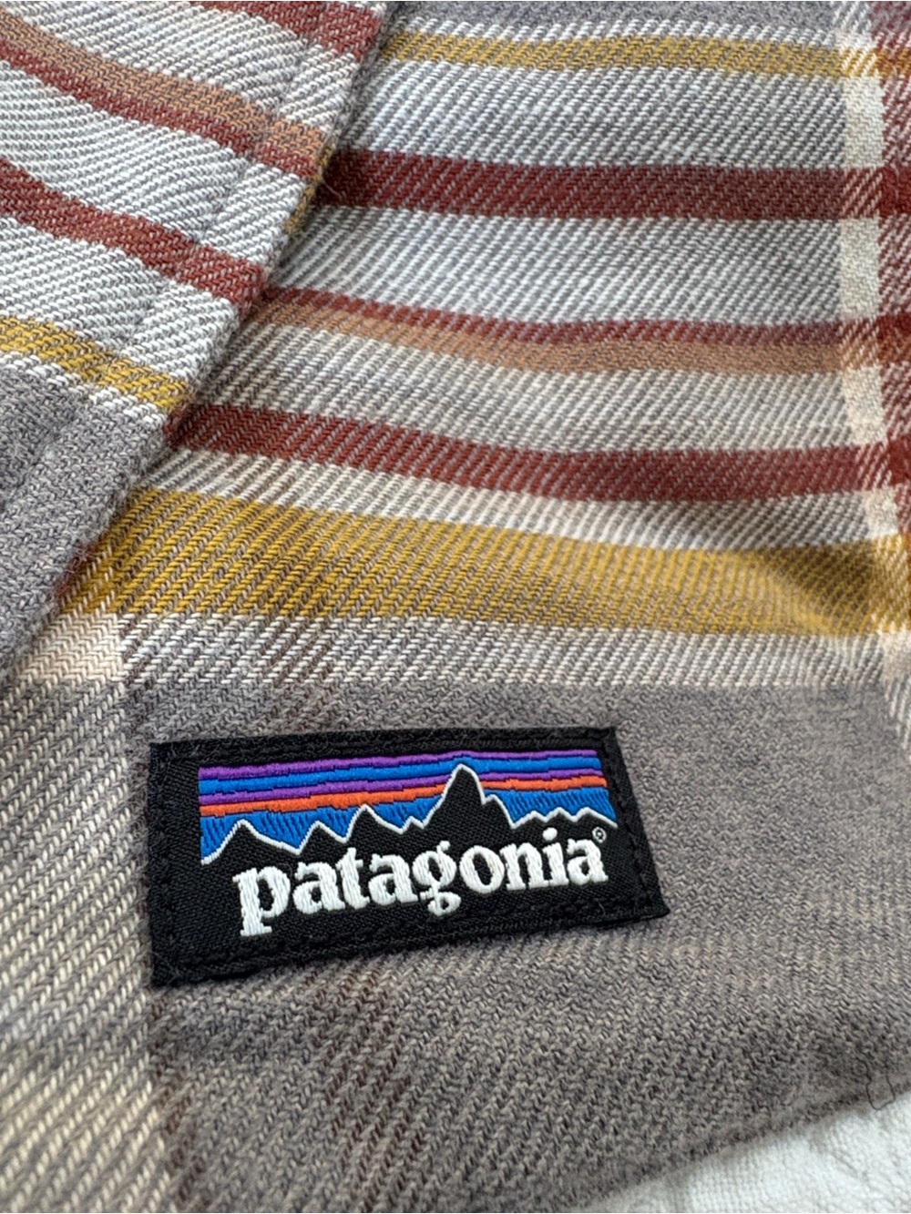 Patagonia Fjord Flannel Patchwork Scarf Organic Cotton Grey Gold Maroon Red 76”